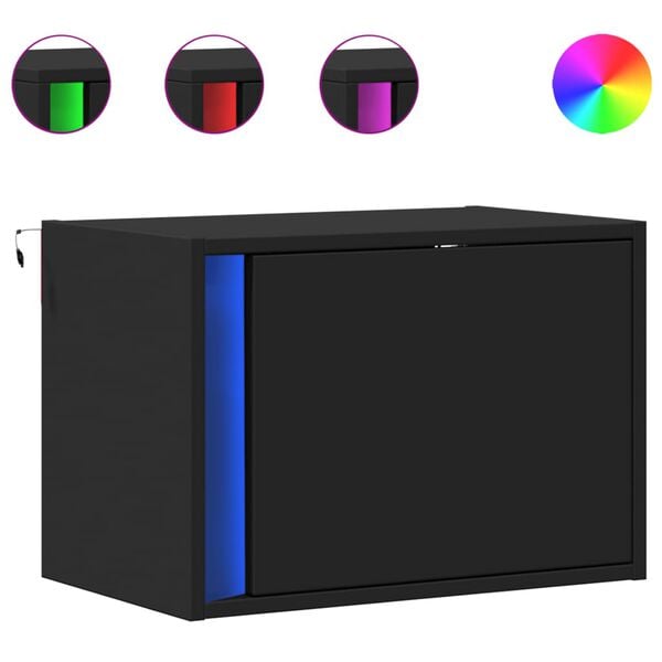 vidaXL Veggfest Náttborð með LED Ljósum 2 stk. Svartur