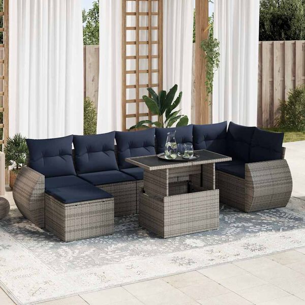 vidaXL 8 stykki gar&eth;s&oacute;fasett me&eth; p&uacute;&eth;um Grey Poly Rattan Acacia