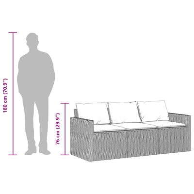 vidaXL Garðsófi með Púðum 3-Sæta Svart Pólýrattan