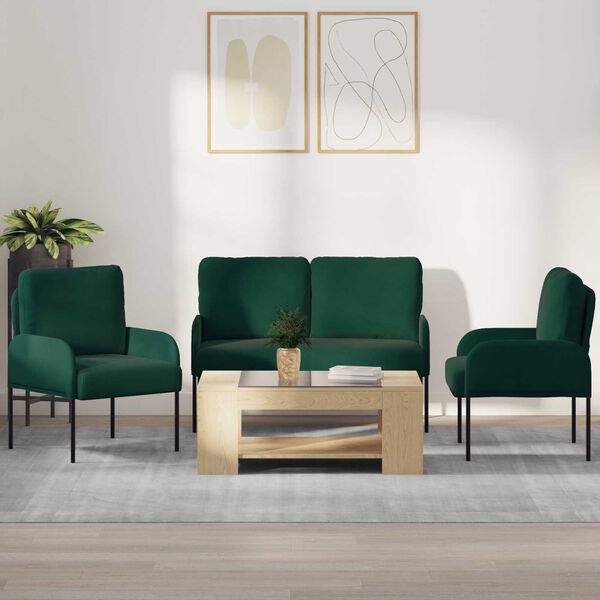 vidaXL S&oacute;fasett me&eth; p&uacute;&eth;i 3 pcs D&ouml;kkgr&aelig;n 115 x 56 x 80 cm Krossvi&eth;ur