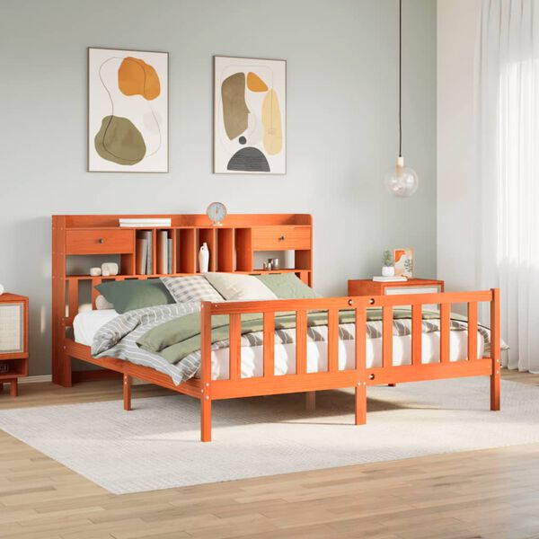 vidaXL Rúmgrind með Bókahillu án Dýnu 200x200 cm Vaxbrún Gegnheil Fura