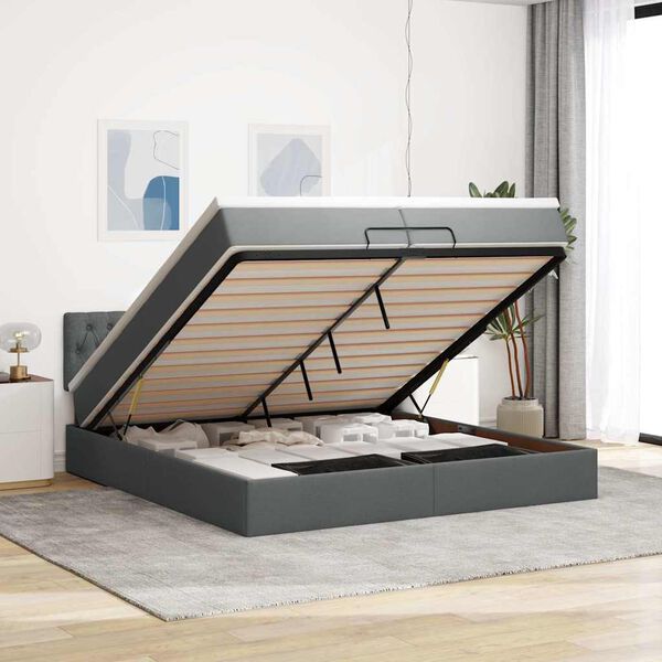 vidaXL Ottoman Rúmgrind með dýnum Dökkgrár 200x200cm Efni