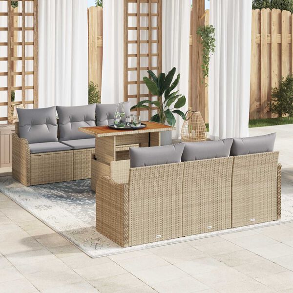 vidaXL Gar&eth;s&oacute;fa sett me&eth; p&uacute;&eth;i 7 pcs Beige og lj&oacute;sgr&aacute;r p&oacute;l&yacute;rattan