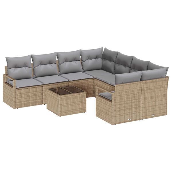 vidaXL S&oacute;fasett me&eth; p&uacute;&eth;i 9 pcs Beige og Gr&aacute;tt p&oacute;l&yacute;rattan