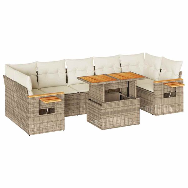 vidaXL 8 stykki gar&eth;s&oacute;fasett me&eth; p&uacute;&eth;um Beige Poly Rattan Acacia