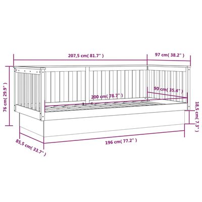 vidaXL Dagrúm án dýnu Grátt 90x200 cm Solid Wood Furu