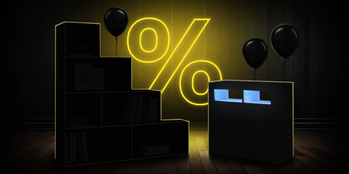 Svartar einingar fyrir einingageymslur með svörtum blöðrum fyrir framan skærbleikt prósentumerki á dökku viðargólfi.