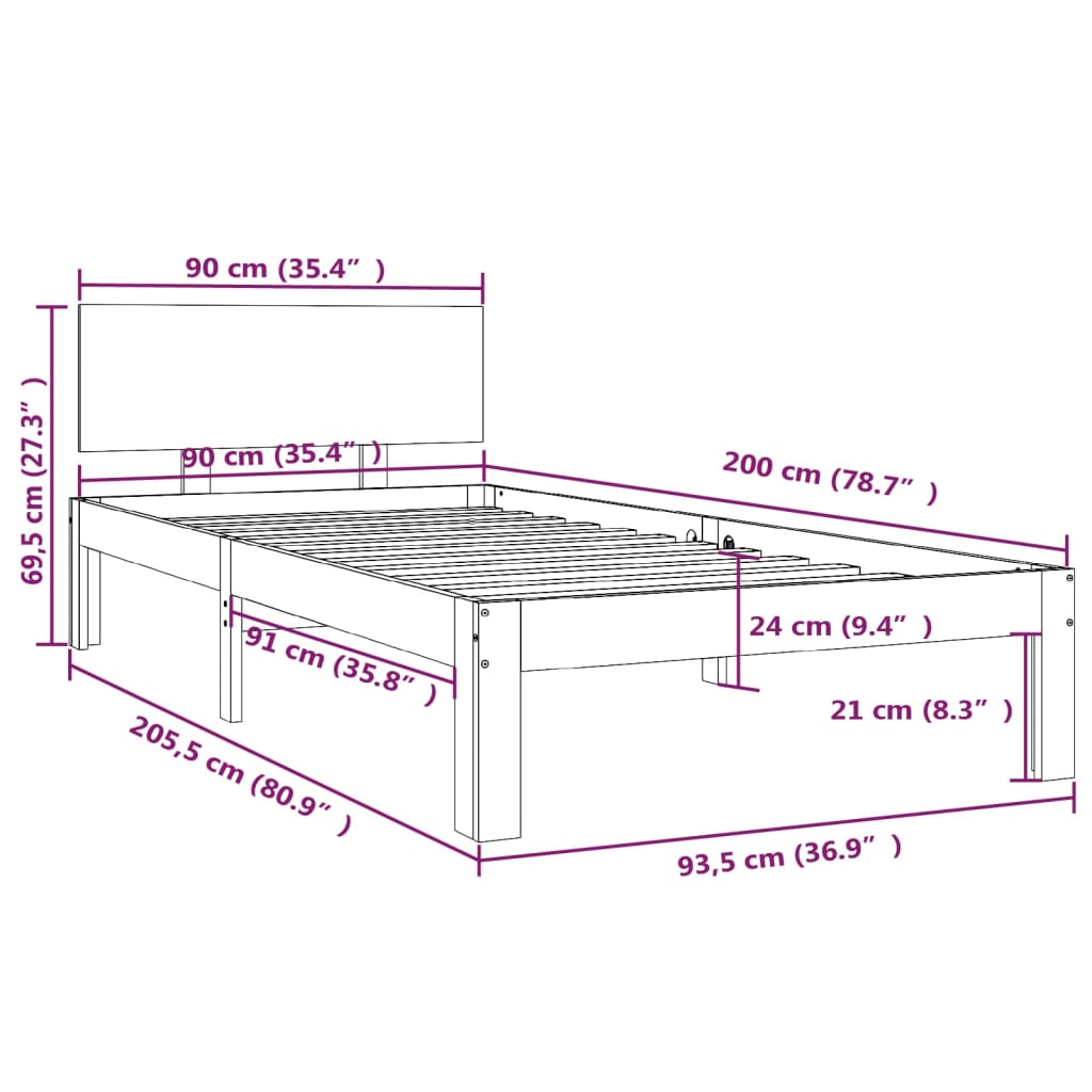 vidaXL Rúmgrind án Dýnu Gegnheil Fura 90x200cm