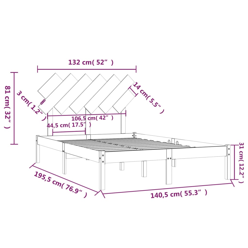 vidaXL Rúmgrind Grá 135x190 cm Lítil Tvíbreið Gegnheil