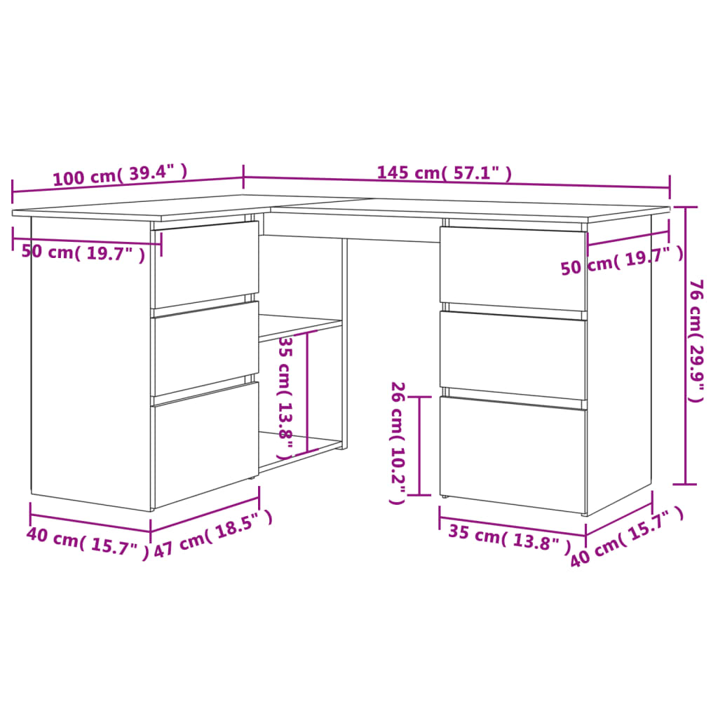 vidaXL Hornskrifborð Háglans Svart 145x100x76 cm Spónaplata