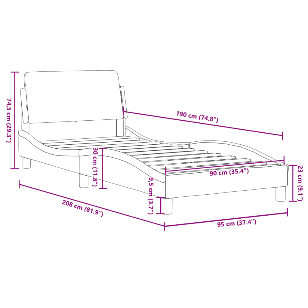 vidaXL Rúmgrind með Höfuðgafli Svört 90x190 cm Flauel