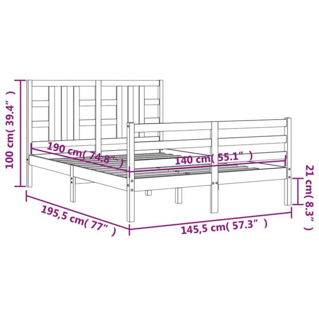 vidaXL Rúmgrind með Höfuðgafli Grár 140x190 cm Gegnheil viðar