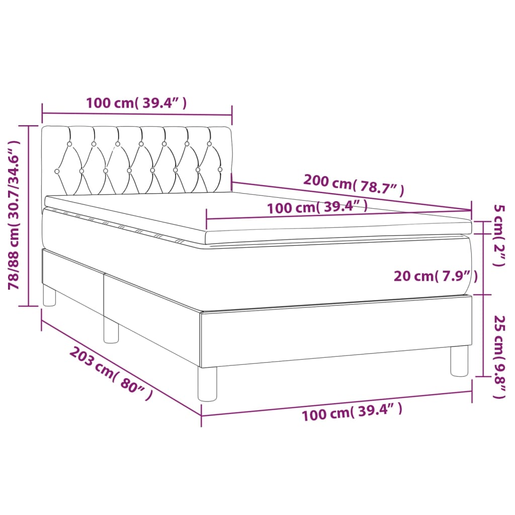 vidaXL Hólfað Springrúm með Dýnu&LED Dökkgrænt 100x200 cm Flauel