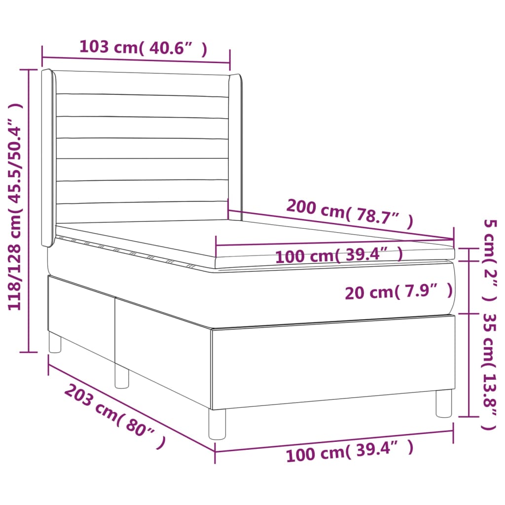 vidaXL Hólfað Springrúm með Dýnu og LED Mógrár 100x200cm Tauefni