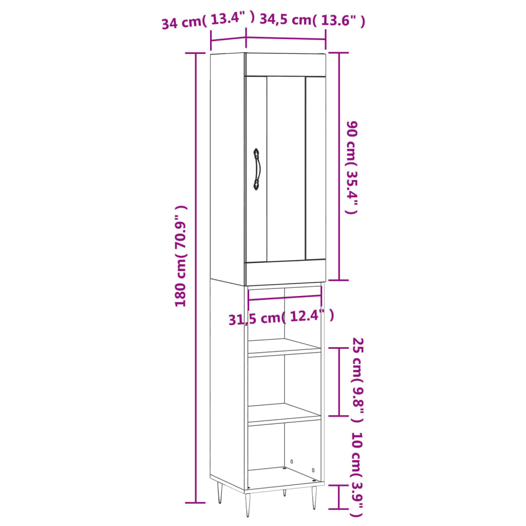 vidaXL Hár Skápur Brún Eik 34,5x34x180 cm Samsettur Viður