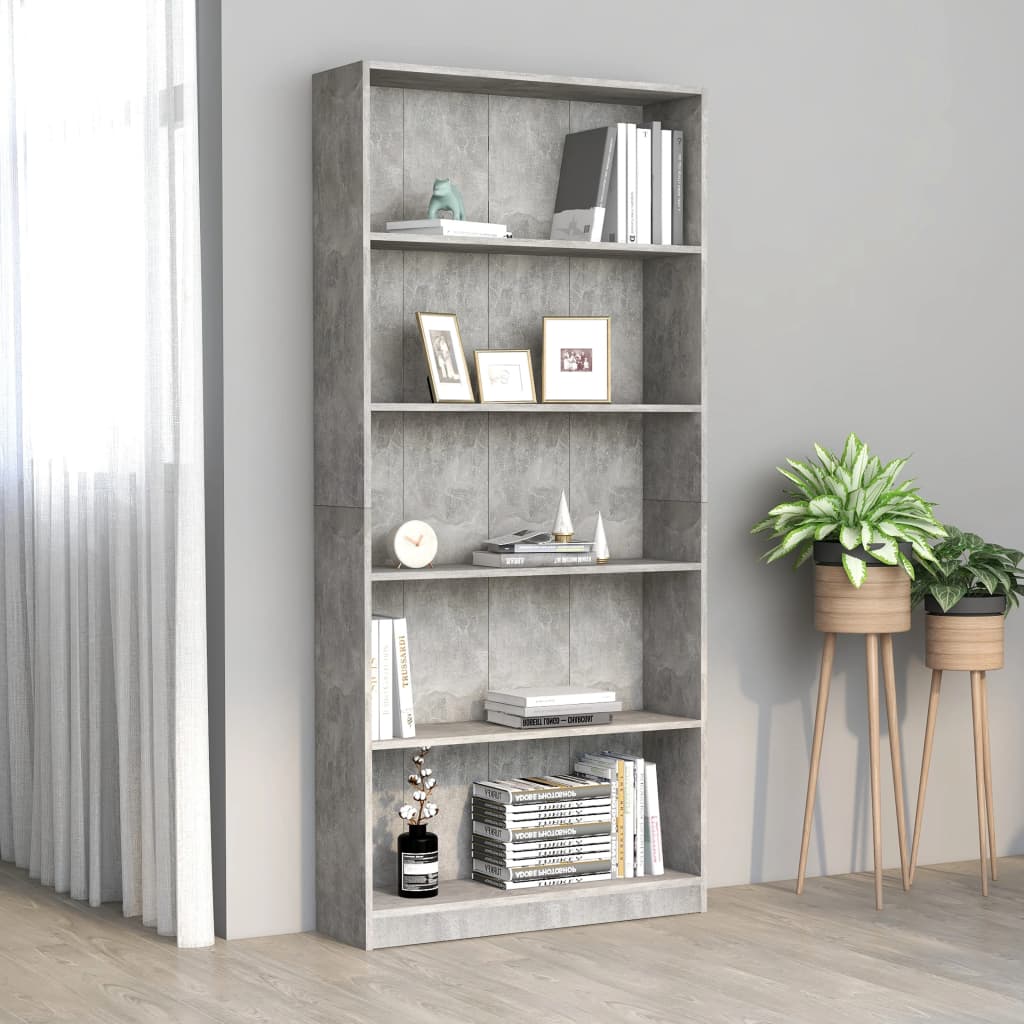800922 vidaXL 5-Tier Book Cabinet Concrete Grey 80x24x175 cm Chipboard