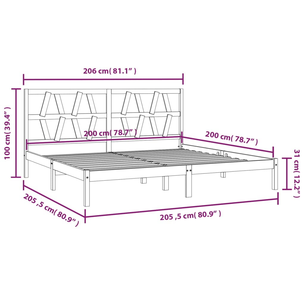 vidaXL Rúmgrind án Dýnu Svört Gegnheil Viður 200x200 cm