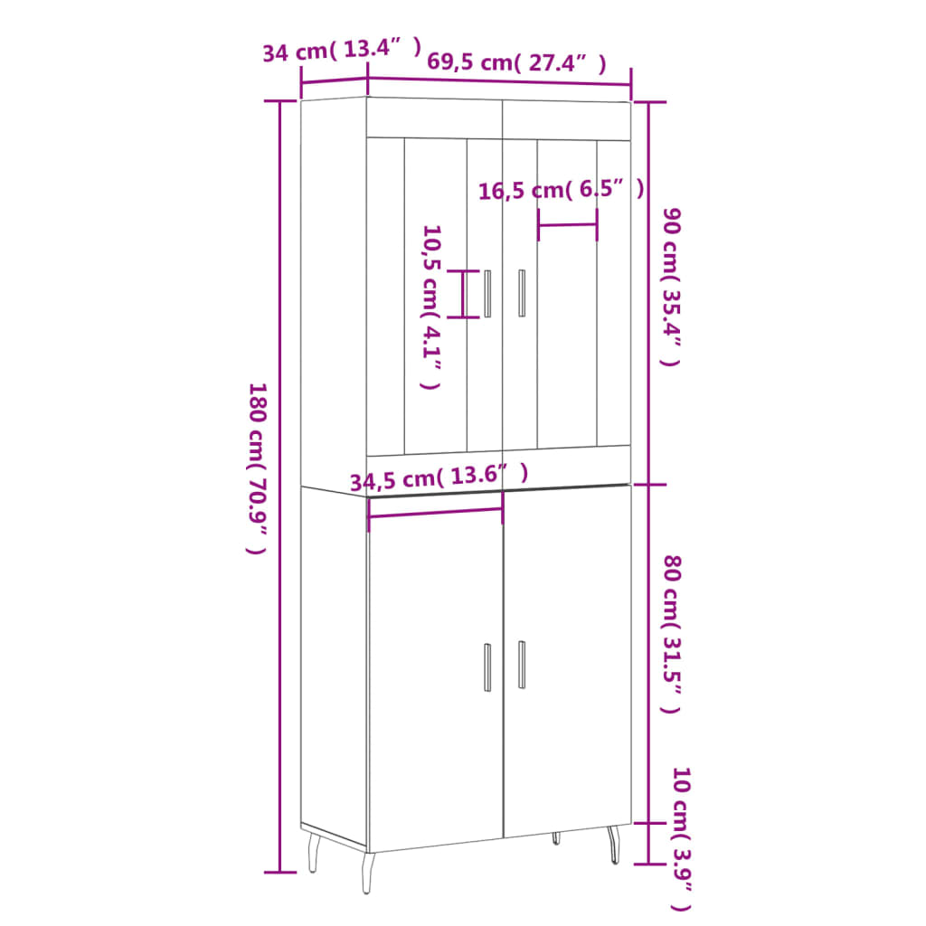 vidaXL Hár Skápur Svartur 69,5x34x180 cm Samsettur Viður