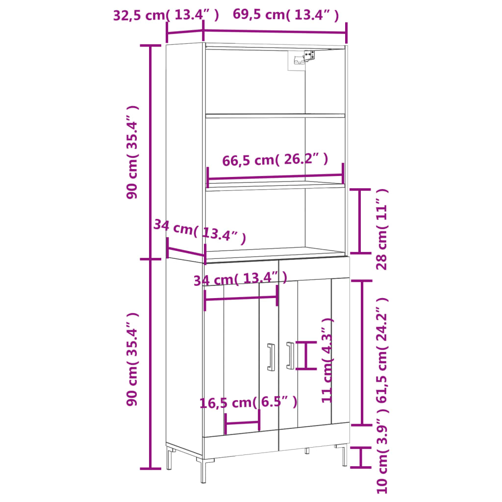 vidaXL Hár Skápur Reyktóna Eikarlitur 69,5x34x180 cm Samsettur Viður