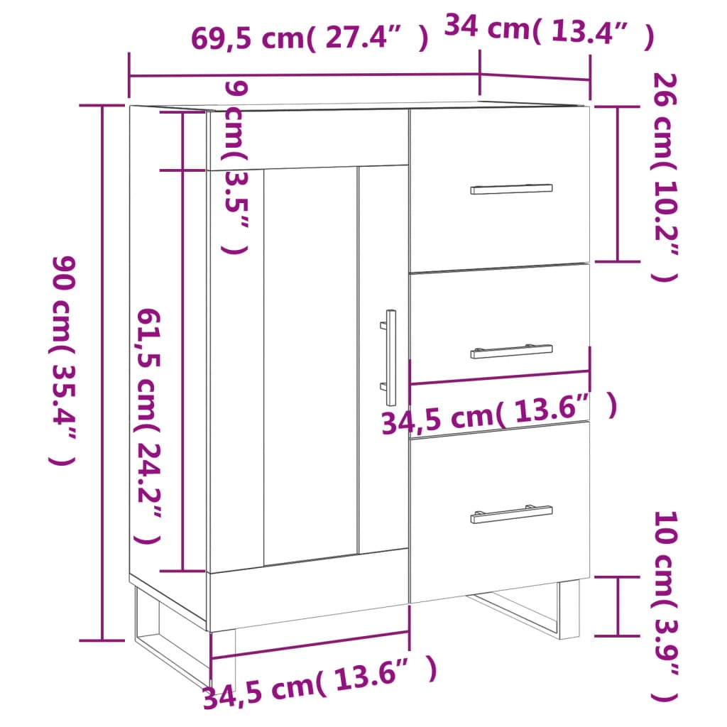 vidaXL Skenkur Hvítur 69,5x34x90 cm Samsettur Viður