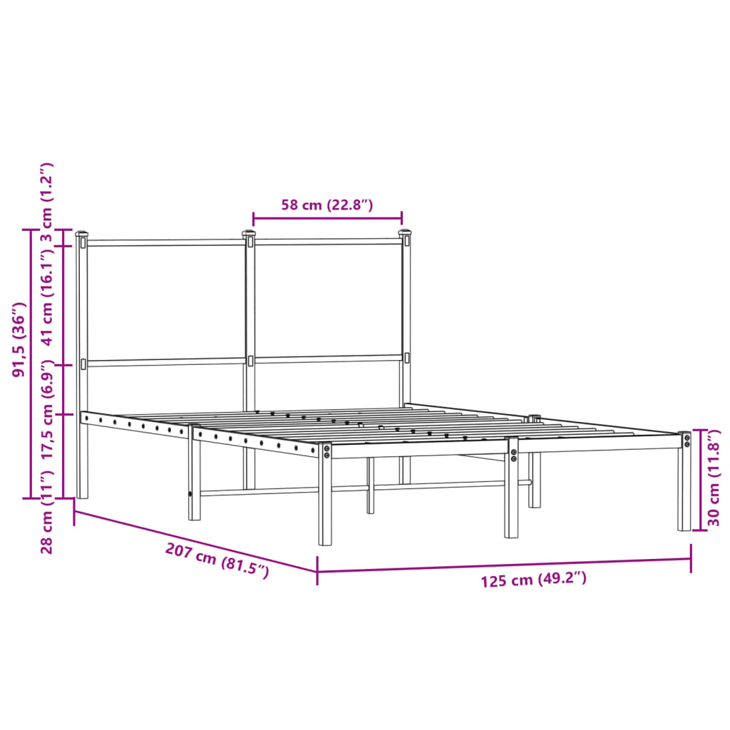 vidaXL Málmrúmgrind með Höfðagafli Brún Eik 120x200 cm