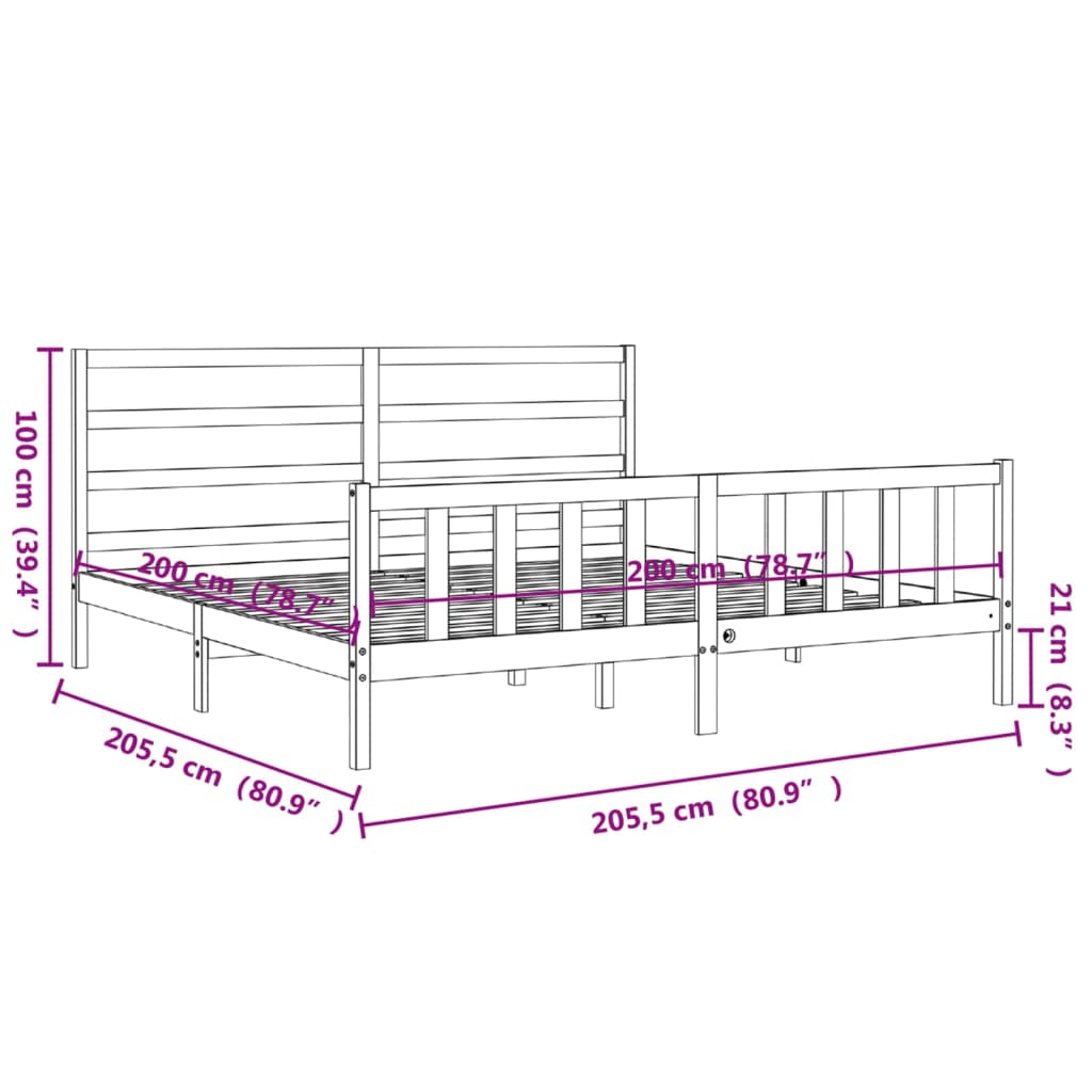 vidaXL Rúmgrind með Höfuðgafli Hunangsbrún 200x200 cm Gegnheill Viður