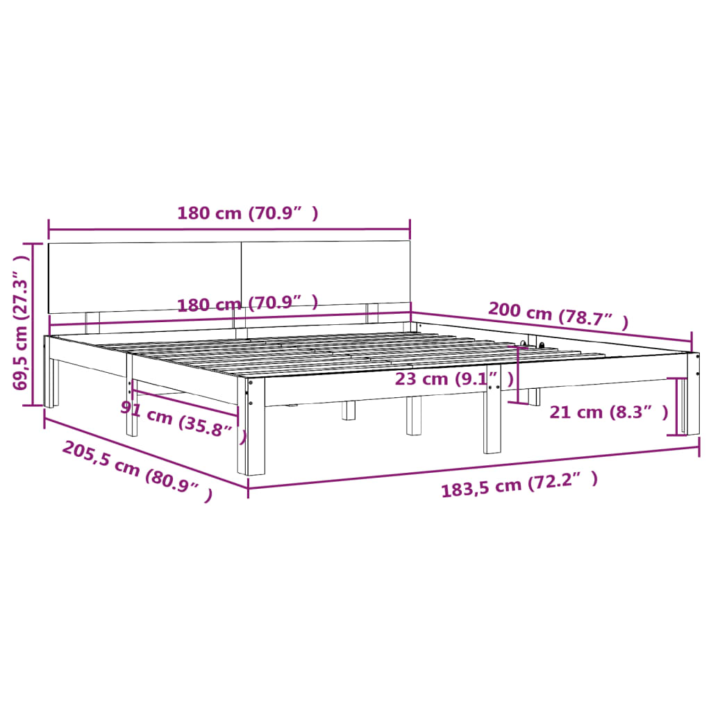 vidaXL Rúmgrind án Dýnu Hvít 180x200cm King Size