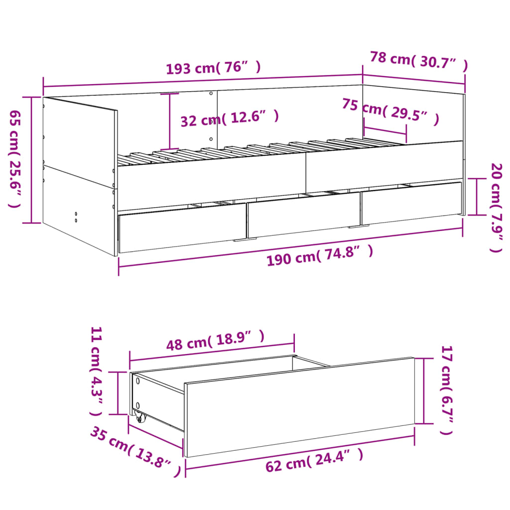 vidaXL Svefnbekkur með Skúffum án Dýnu Hvít 75x190 cm