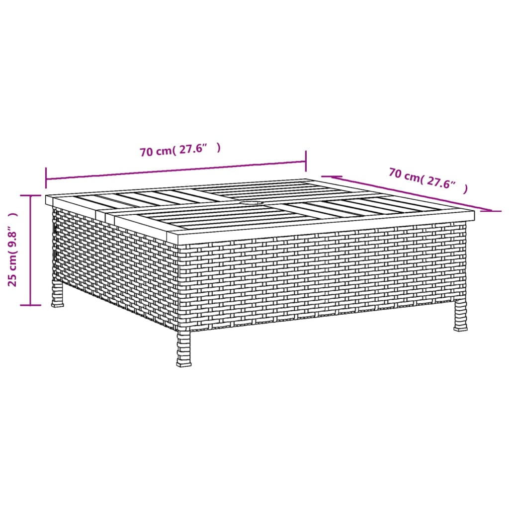 vidaXL Garðborð Svart 70x70x25 cm Rattan og Akasíuviður