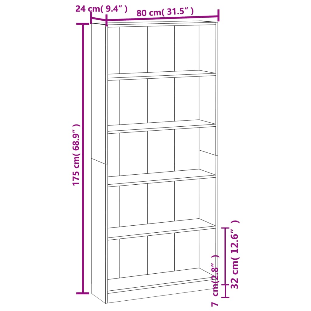 vidaXL Bókaskápur 5 Hillur Reyktóna Eik 80x24x175 cm Samsettur Viður