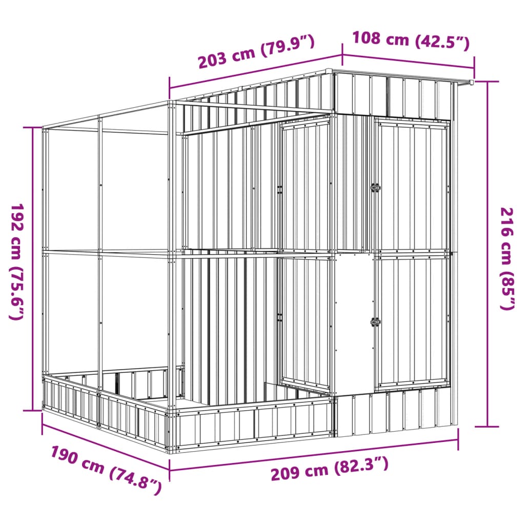 vidaXL Stórt Fuglabúr með Framlengingu Silfurlitað 209x203x216 cm Stál