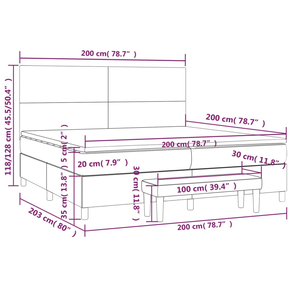 vidaXL Hólfað Springrúm með Dýnu Grátt 200x200 cm Gervileður