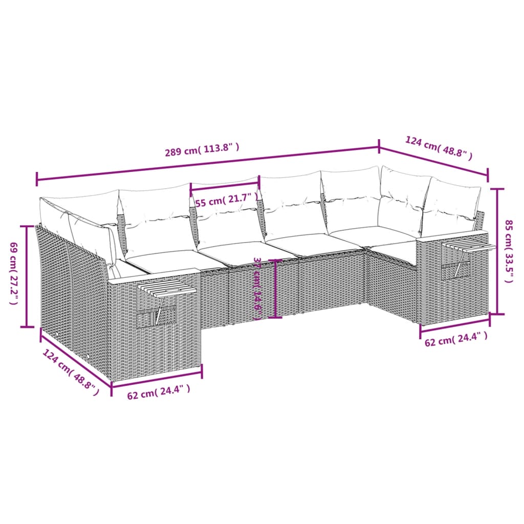 vidaXL 7-Hluta Garðsófasett með Sessum Grátt Pólýrattan