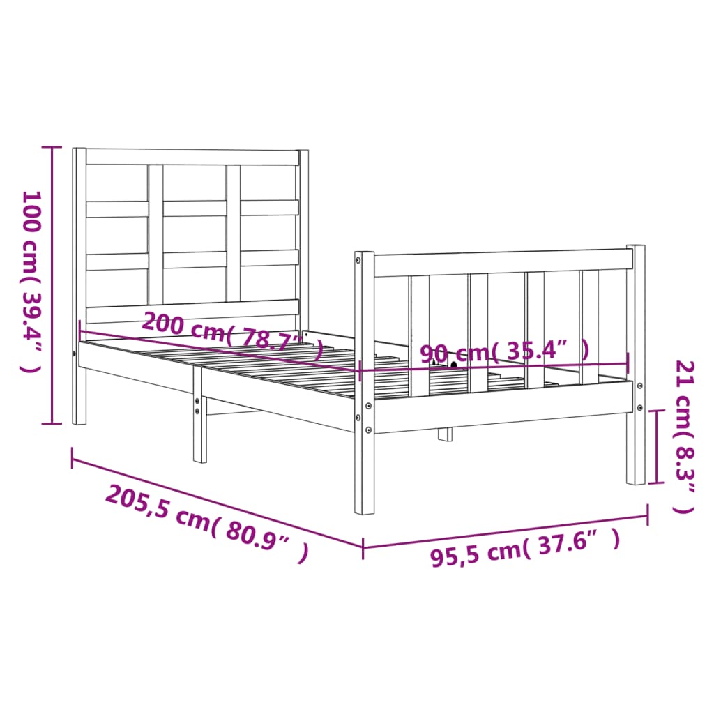 vidaXL Rúmgrind með Höfuðgafli 90x200 cm Gegnheil viðar