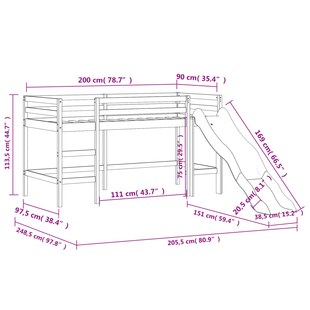 vidaXL Krakkakoja með Gluggatjöldum Bleikur 90x200 cm Gegnheil Fura