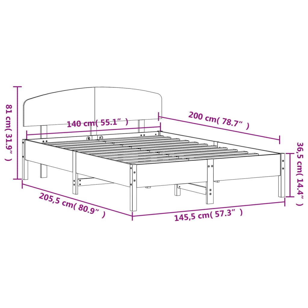 vidaXL Rúmgrind án Dýnu Hvít 140x200 cm Gegnheil Fura