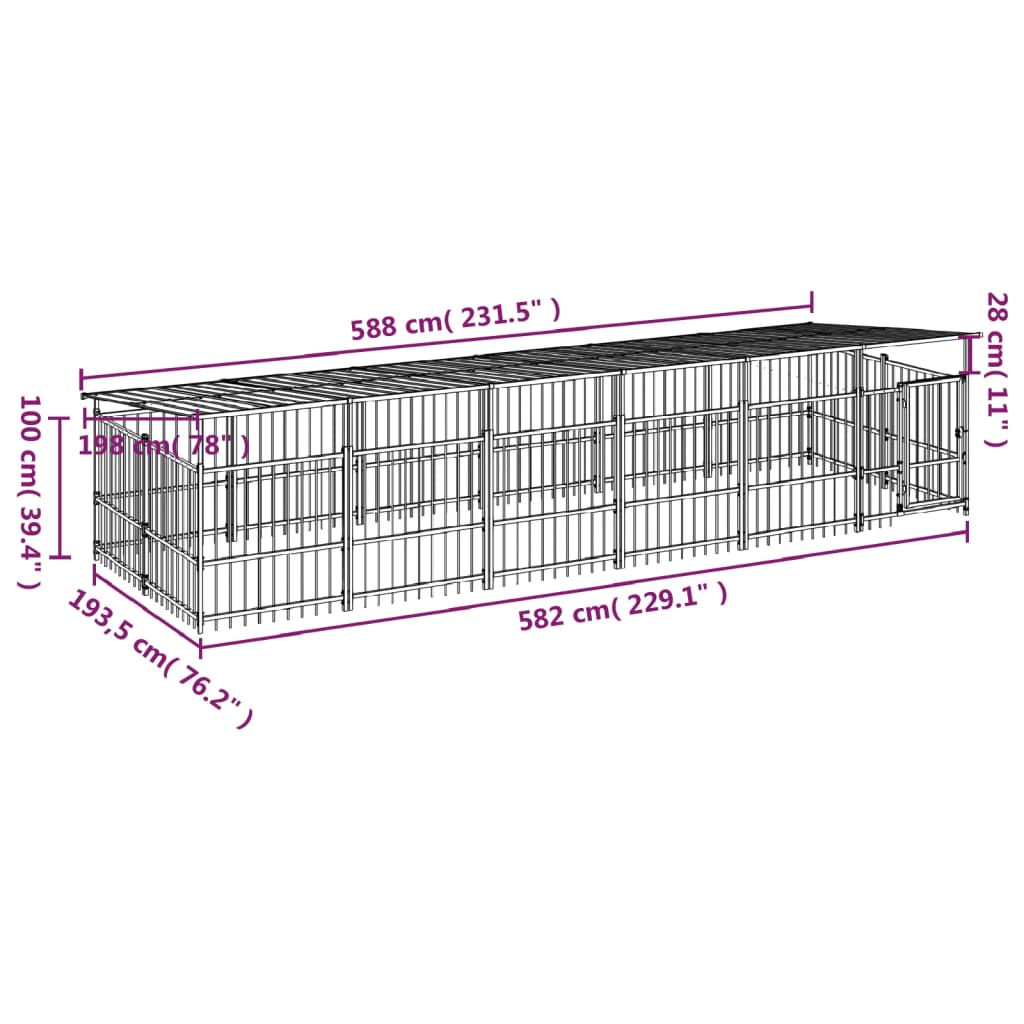 vidaXL úti hundaræktunarstál með þaki 11,26 m²