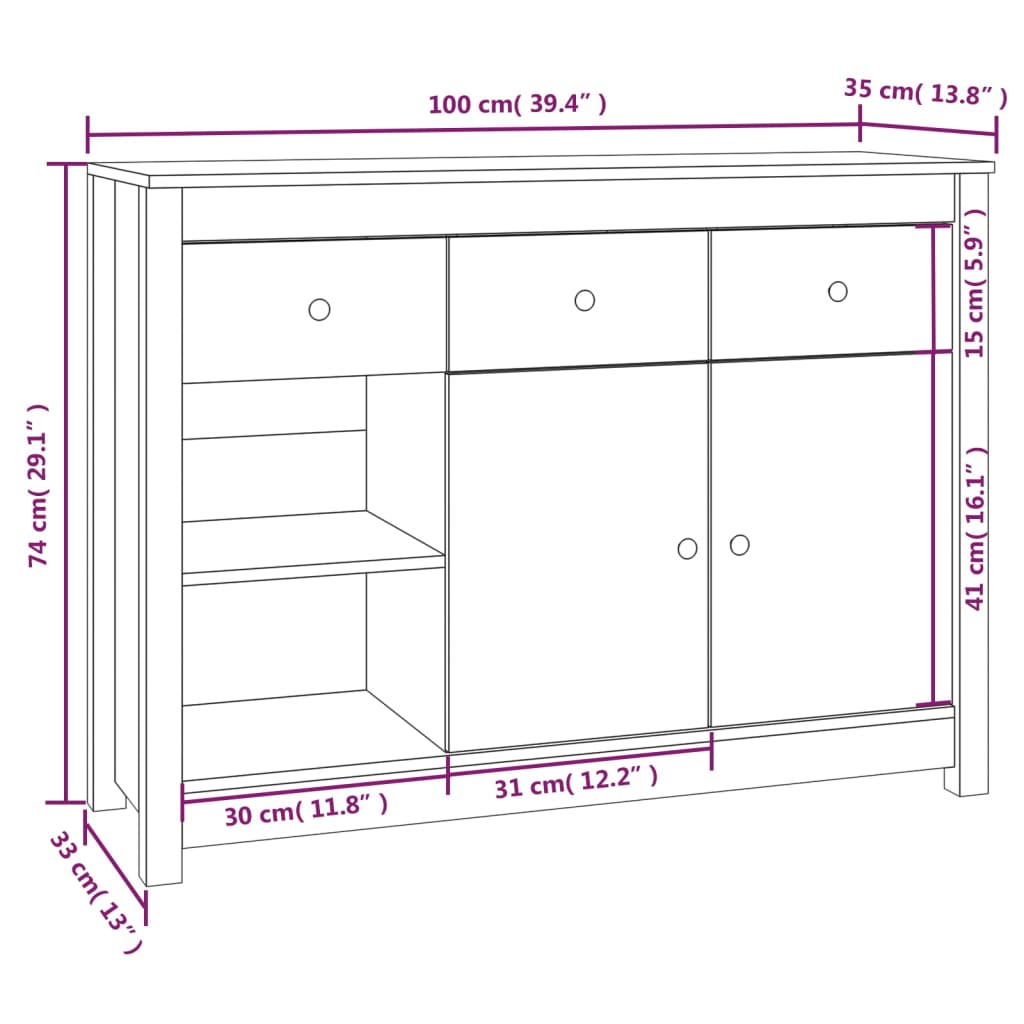 vidaXL Skenkur Ljósbrúnn 100x35x74 cm Gegnheil Fura