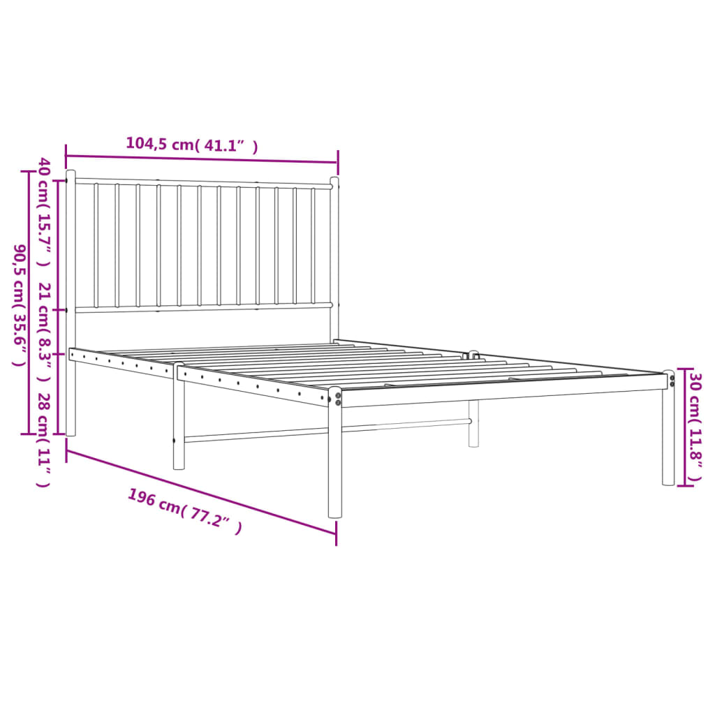 vidaXL Rúmgrind úr Málmi án Dýnu með Höfðagafli Svört 100x190 cm