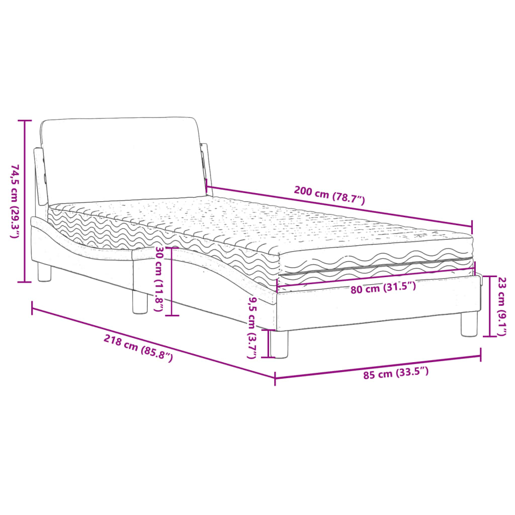 vidaXL Rúm með Dýnu Dökkgrár 80x200 cm Flauel