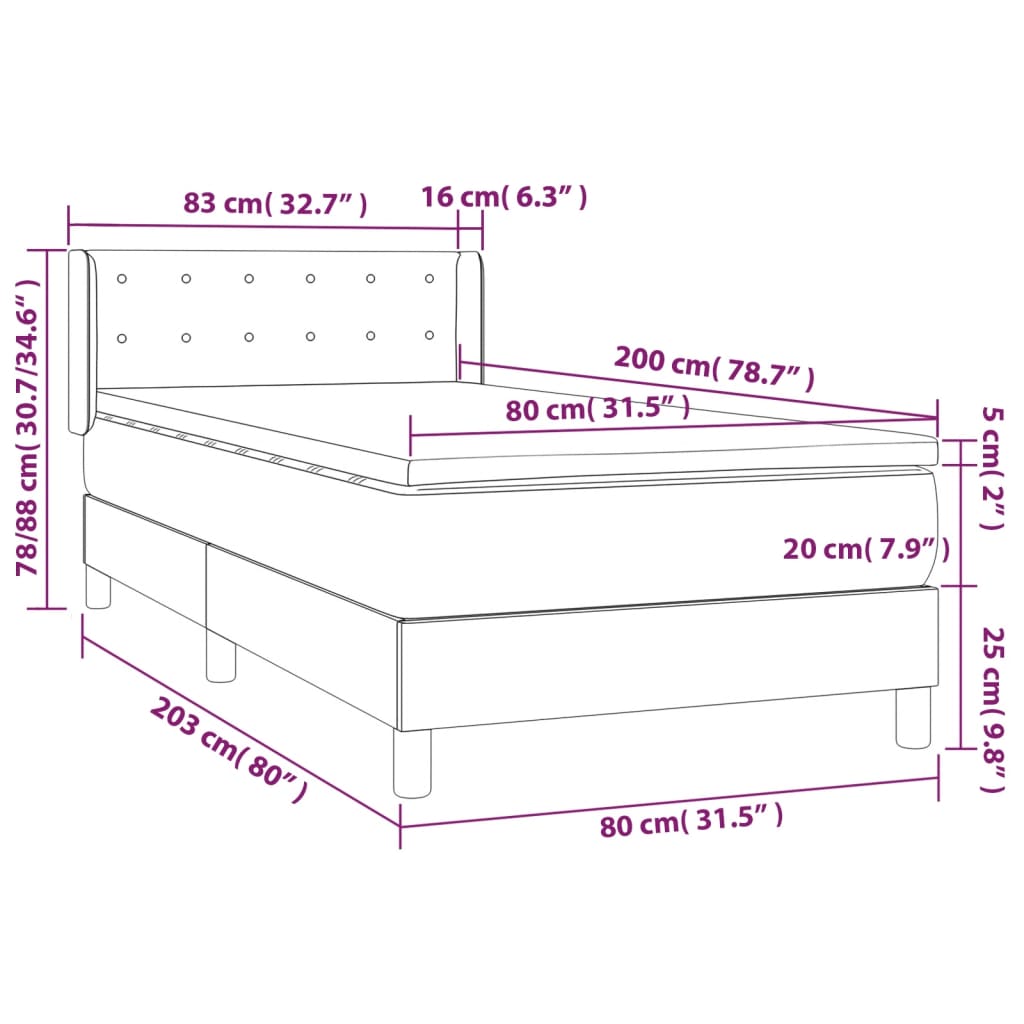 vidaXL Hólfað Springrúm með Dýnu Ljósgrár 80x200 cm Flauel