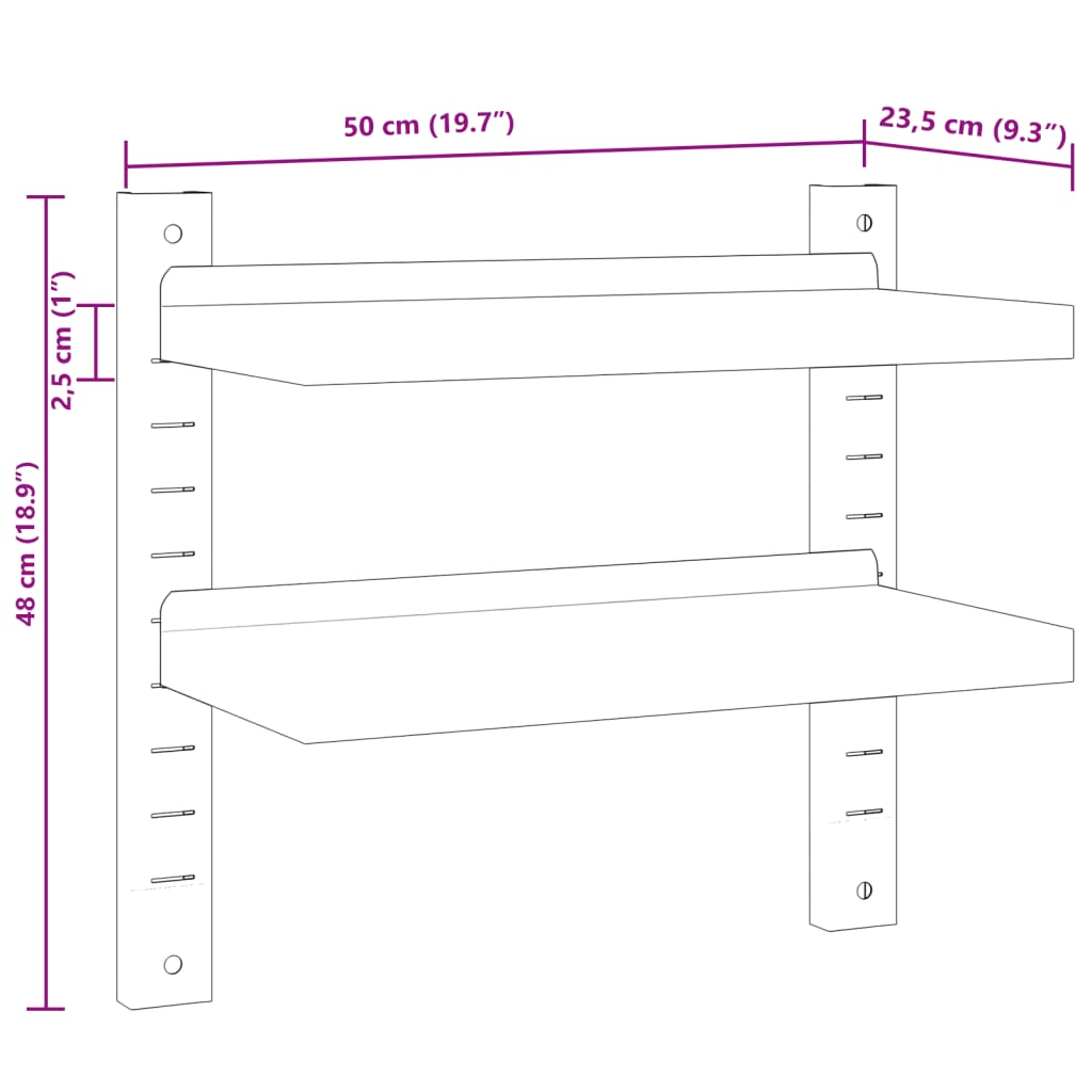 vidaXL 2 Hæða Vegghilla 50x23,5x60 cm Silfurlitað Ryðfrítt Stál