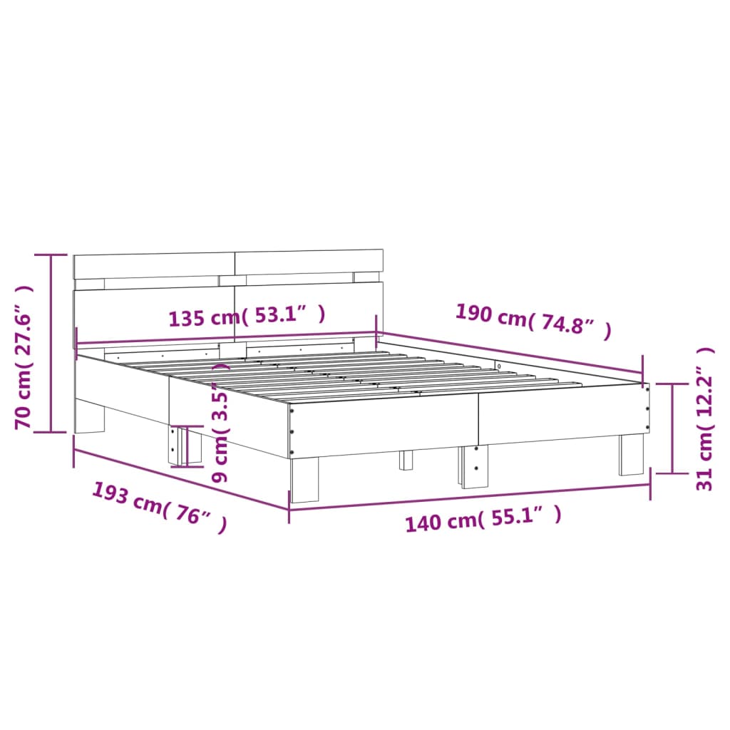 vidaXL Rúmgrind með Höfuðgafli Hvítt 135x190 cm Samsettur Viður