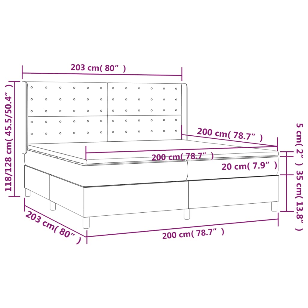 vidaXL Hólfað Springrúm með Dýnu Ljósgrátt 200x200 cm Flauel