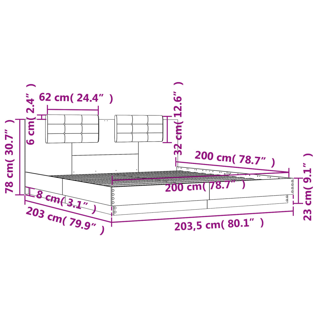 vidaXL Rúmgrind án Dýnu Gráir Sonoma Eik 200x200 cm