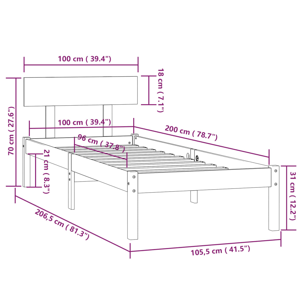 vidaXL Rúmgrind án Dýnu Svört Gegnheil Viður 100x200 cm