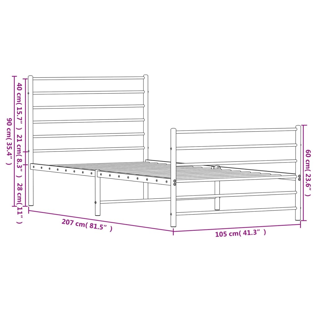 vidaXL Rúmgrind úr Málmi með Höfuðgafli & Fótagafli Hvít 100x200 cm