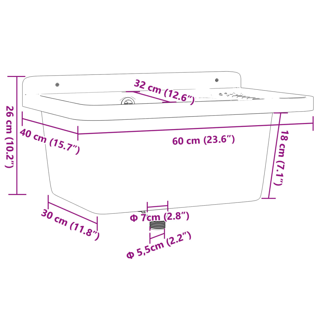 vidaXL Vegghengdur Vaskur Grár 60x40x28 cm Resín