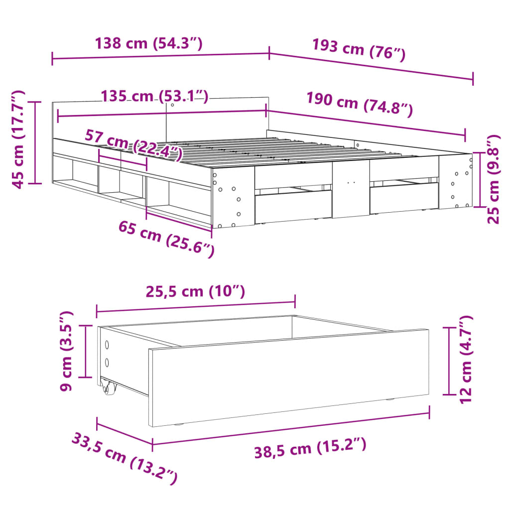 vidaXL Rúmgrind með Skúffum án Dýnu Sonoma Eikarlitur 135x190 cm