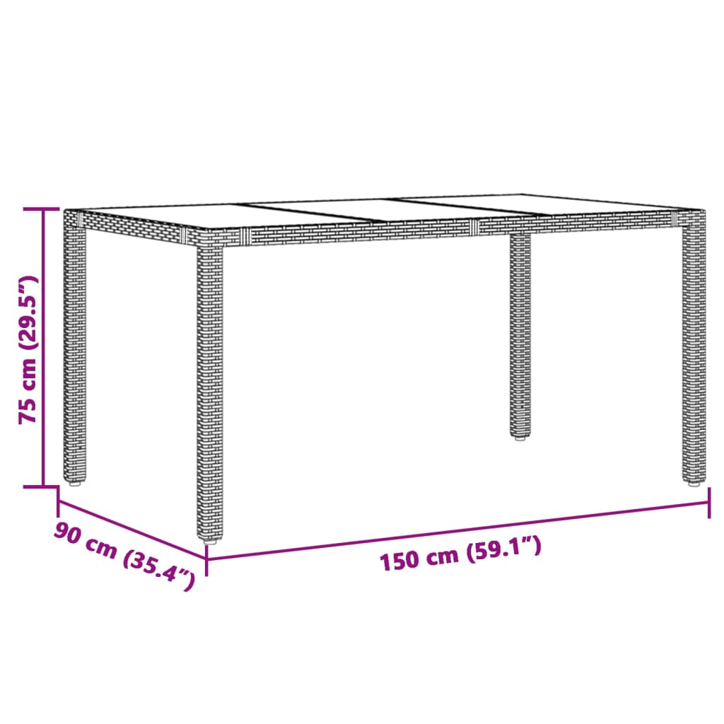 vidaXL Garðborð með Glerplötu Grátt 150x90x75 cm Pólýrattan